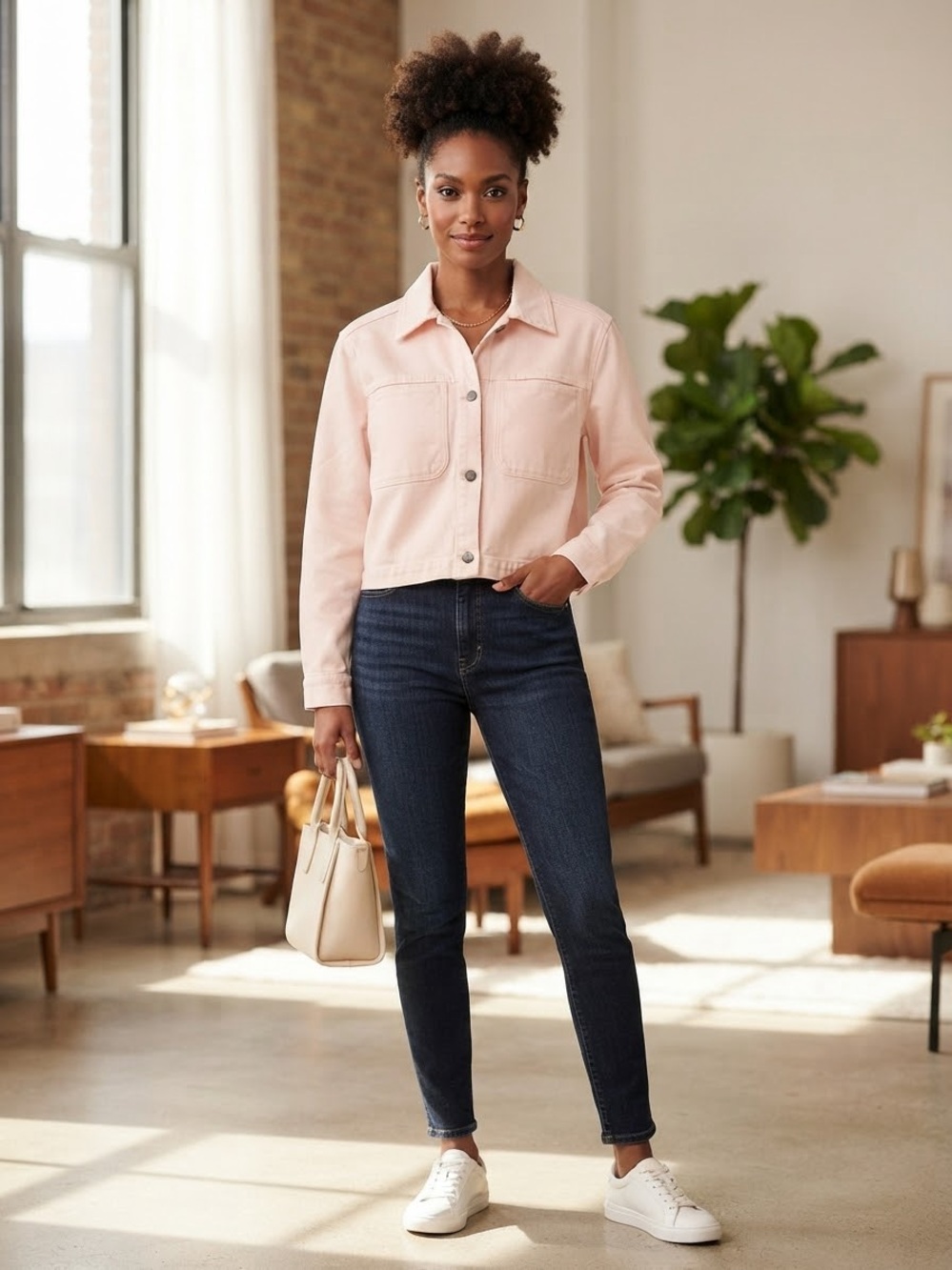 Nine West Light Pink Cropped Denim Jacket